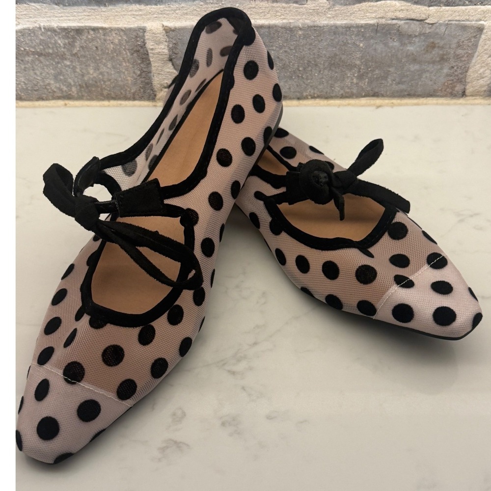 Polka Dot Mesh Pointed Toe Ballet Flats Black Beige Bow Tie Size 42 10.5